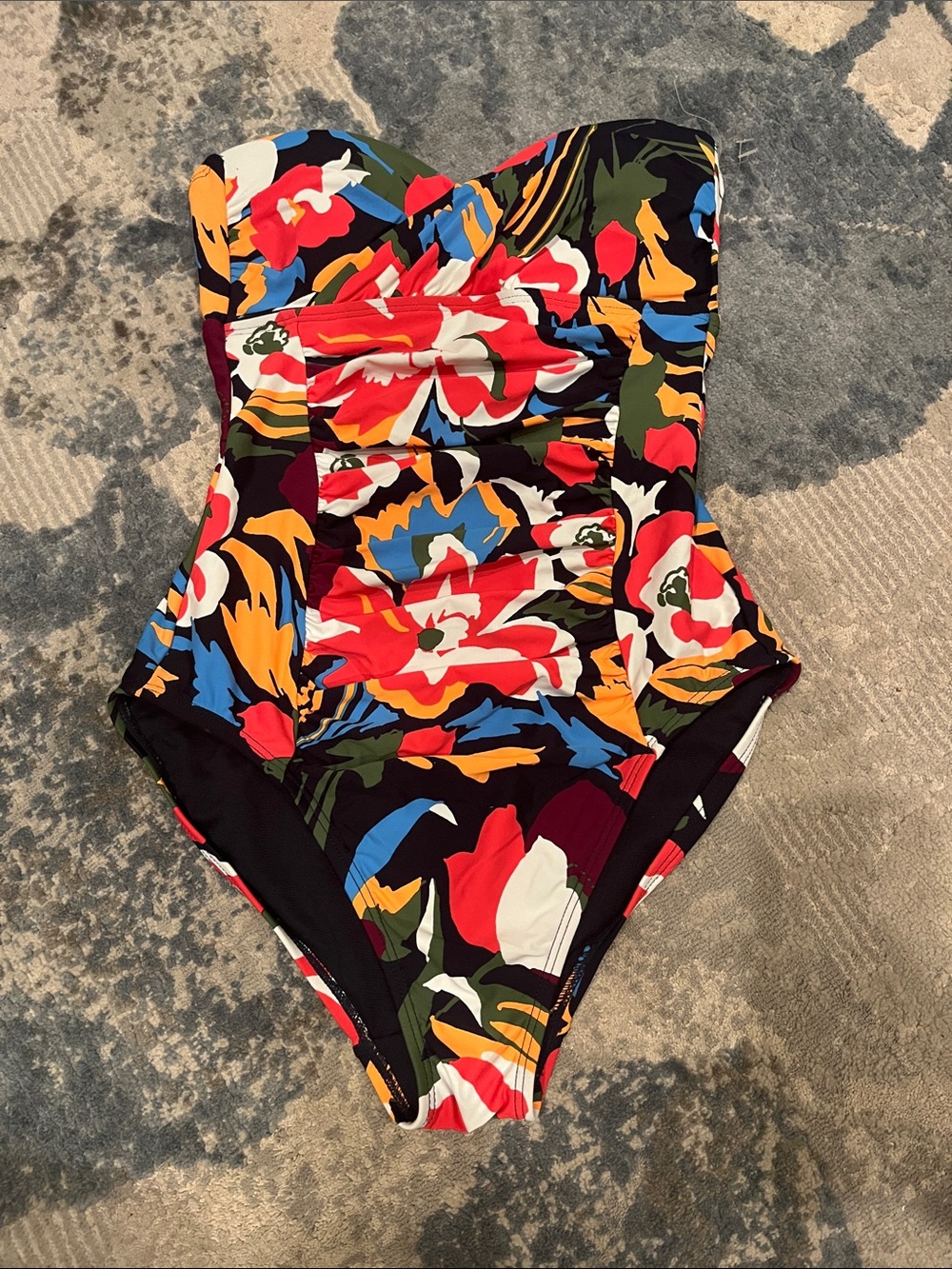 Anne Cole Black Floral One-Piece Swimsuit with Red, Blue, Yellow, Green Accents